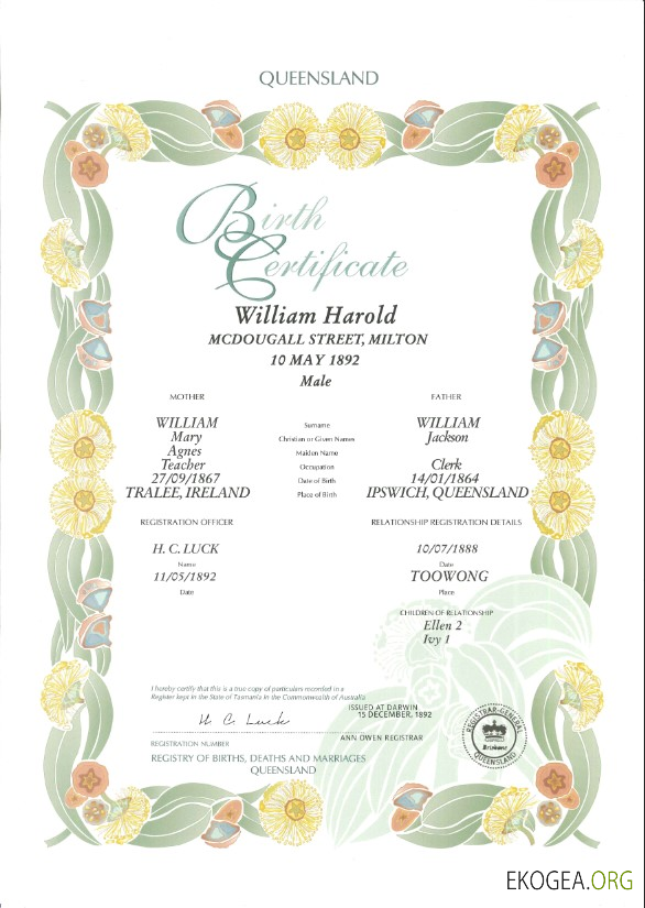 Modèle de certificat de naissance décoratif (commémoratif) Australie Queensland au format PSD